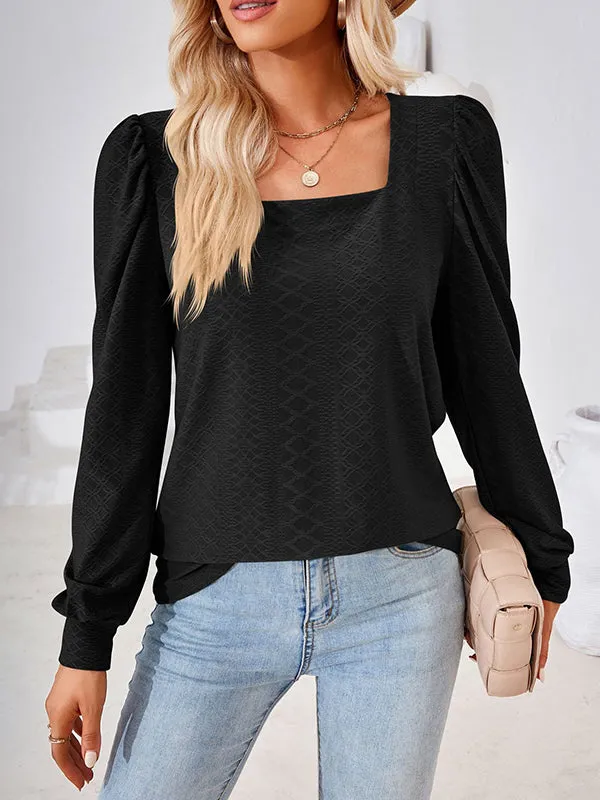 Jacquard Solid Color Loose Square-neck T-Shirts Tops