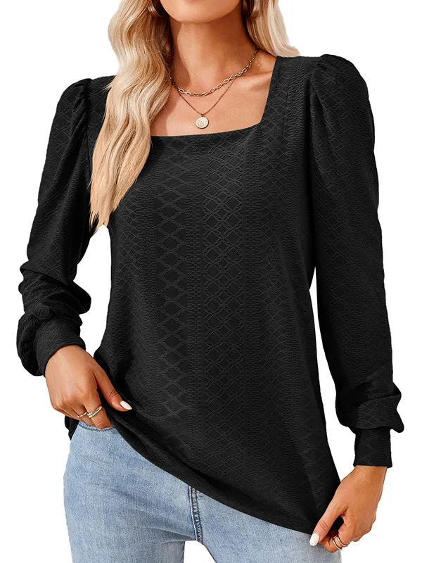 Jacquard Solid Color Loose Square-neck T-Shirts Tops