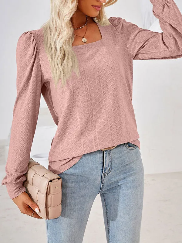 Jacquard Solid Color Loose Square-neck T-Shirts Tops