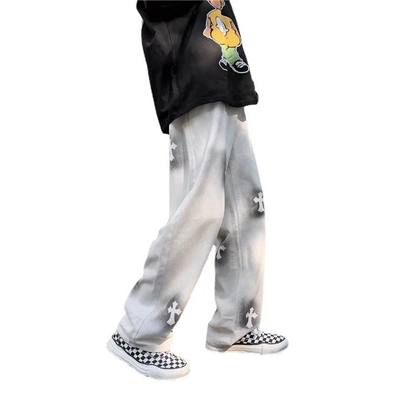 Jeans male high street ins tide brand loose straight mopping pants vibe American oldschool long pants