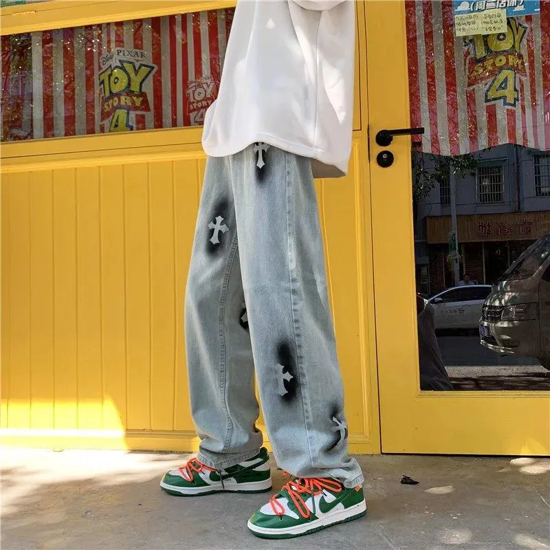 Jeans male high street ins tide brand loose straight mopping pants vibe American oldschool long pants