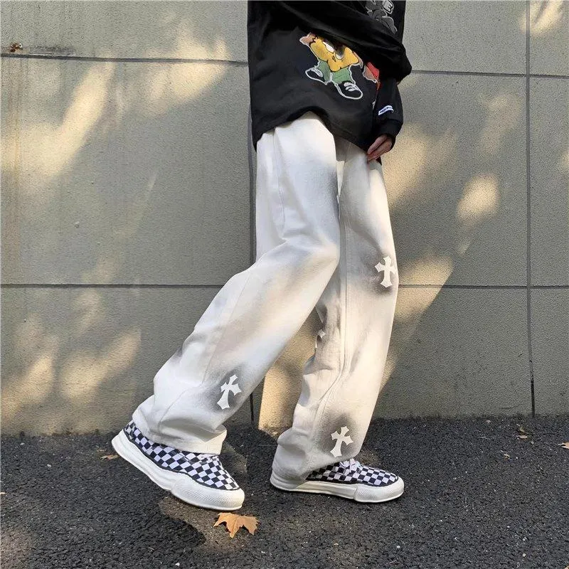 Jeans male high street ins tide brand loose straight mopping pants vibe American oldschool long pants