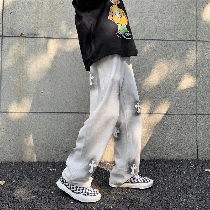 Jeans male high street ins tide brand loose straight mopping pants vibe American oldschool long pants