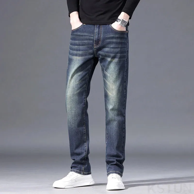 KSTUN Straight Jeans For Men Regular Fit Mens Denim Pants Stretch Retro Blue Streetwear Casual Men's Trousers Vintage Clothing