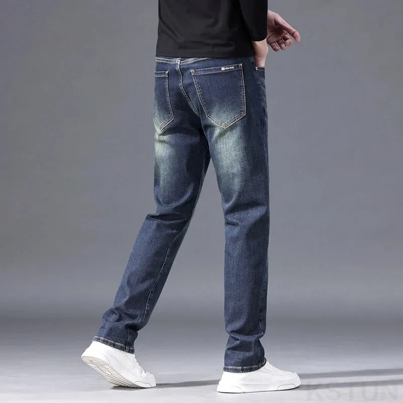 KSTUN Straight Jeans For Men Regular Fit Mens Denim Pants Stretch Retro Blue Streetwear Casual Men's Trousers Vintage Clothing