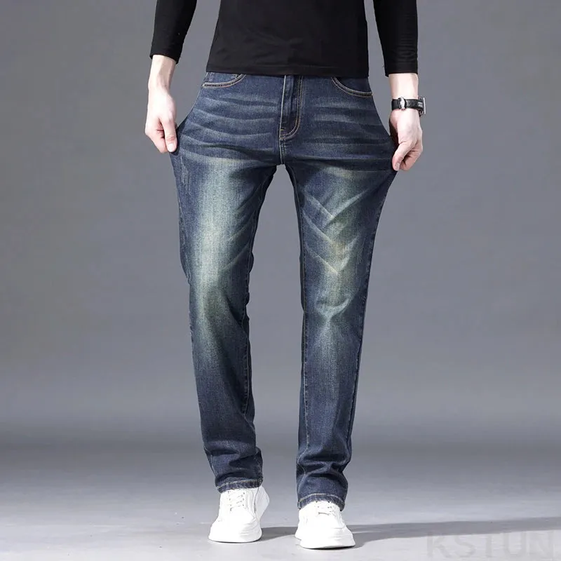 KSTUN Straight Jeans For Men Regular Fit Mens Denim Pants Stretch Retro Blue Streetwear Casual Men's Trousers Vintage Clothing