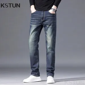 KSTUN Straight Jeans For Men Regular Fit Mens Denim Pants Stretch Retro Blue Streetwear Casual Men's Trousers Vintage Clothing