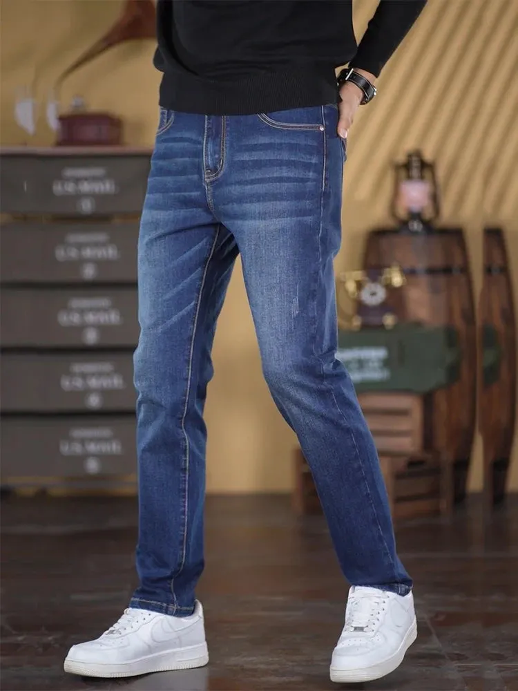 KSTUN Straight Jeans For Men Regular Fit Mens Denim Pants Stretch Retro Blue Streetwear Casual Men's Trousers Vintage Clothing