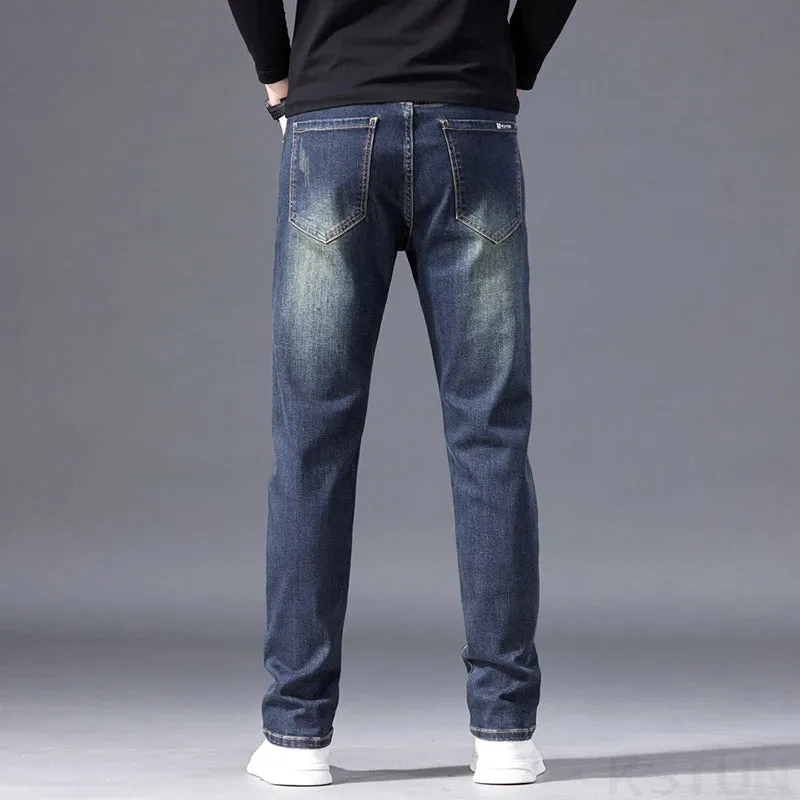 KSTUN Straight Jeans For Men Regular Fit Mens Denim Pants Stretch Retro Blue Streetwear Casual Men's Trousers Vintage Clothing