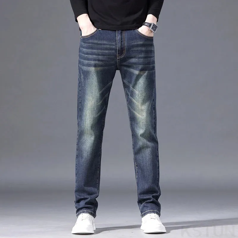 KSTUN Straight Jeans For Men Regular Fit Mens Denim Pants Stretch Retro Blue Streetwear Casual Men's Trousers Vintage Clothing