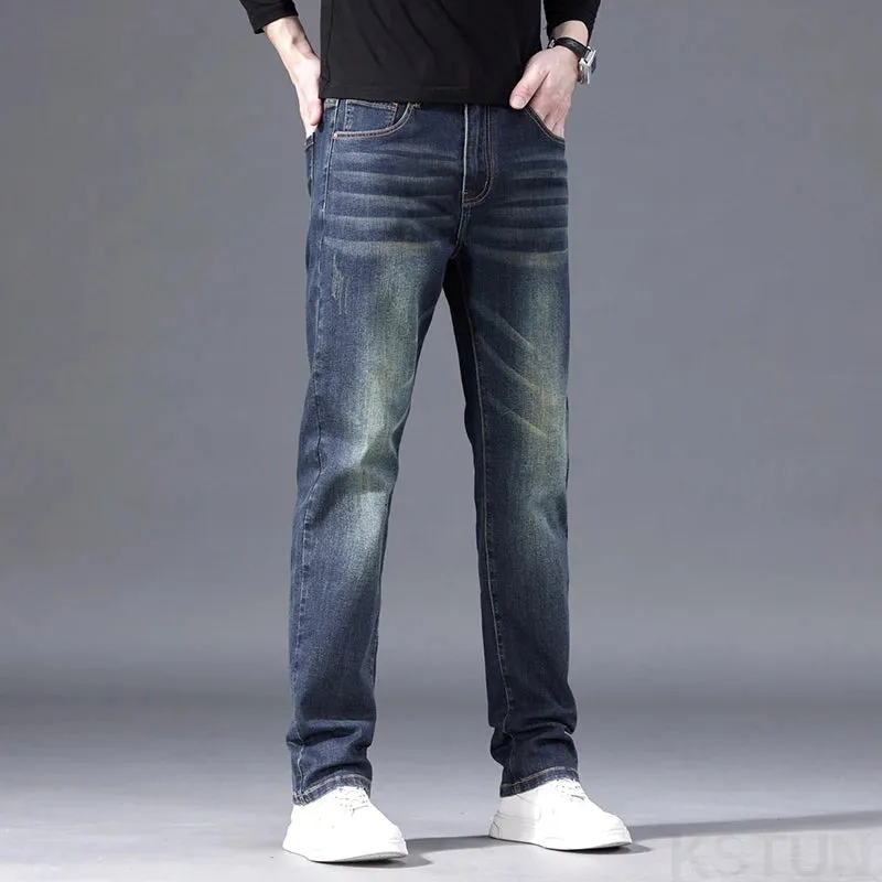 KSTUN Straight Jeans For Men Regular Fit Mens Denim Pants Stretch Retro Blue Streetwear Casual Men's Trousers Vintage Clothing