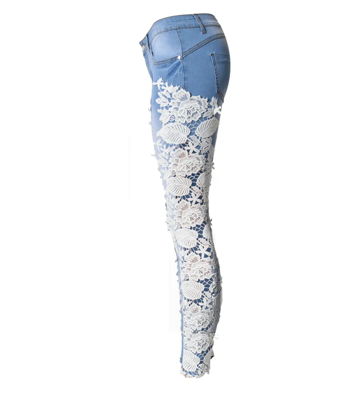 Lace Patchwork Hollow Low Waist Straight Hot Jeans