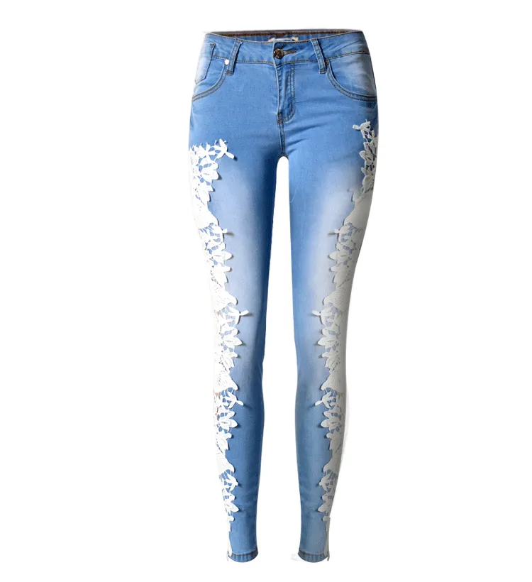 Lace Patchwork Hollow Low Waist Straight Hot Jeans