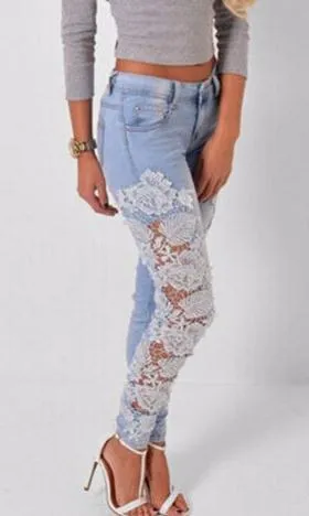 Lace Patchwork Hollow Low Waist Straight Hot Jeans