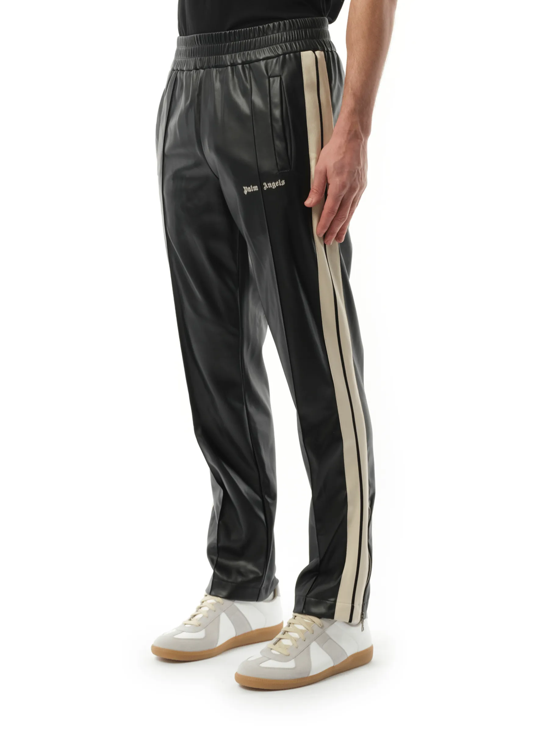 Leather Effect Track Pants in Black/Off White