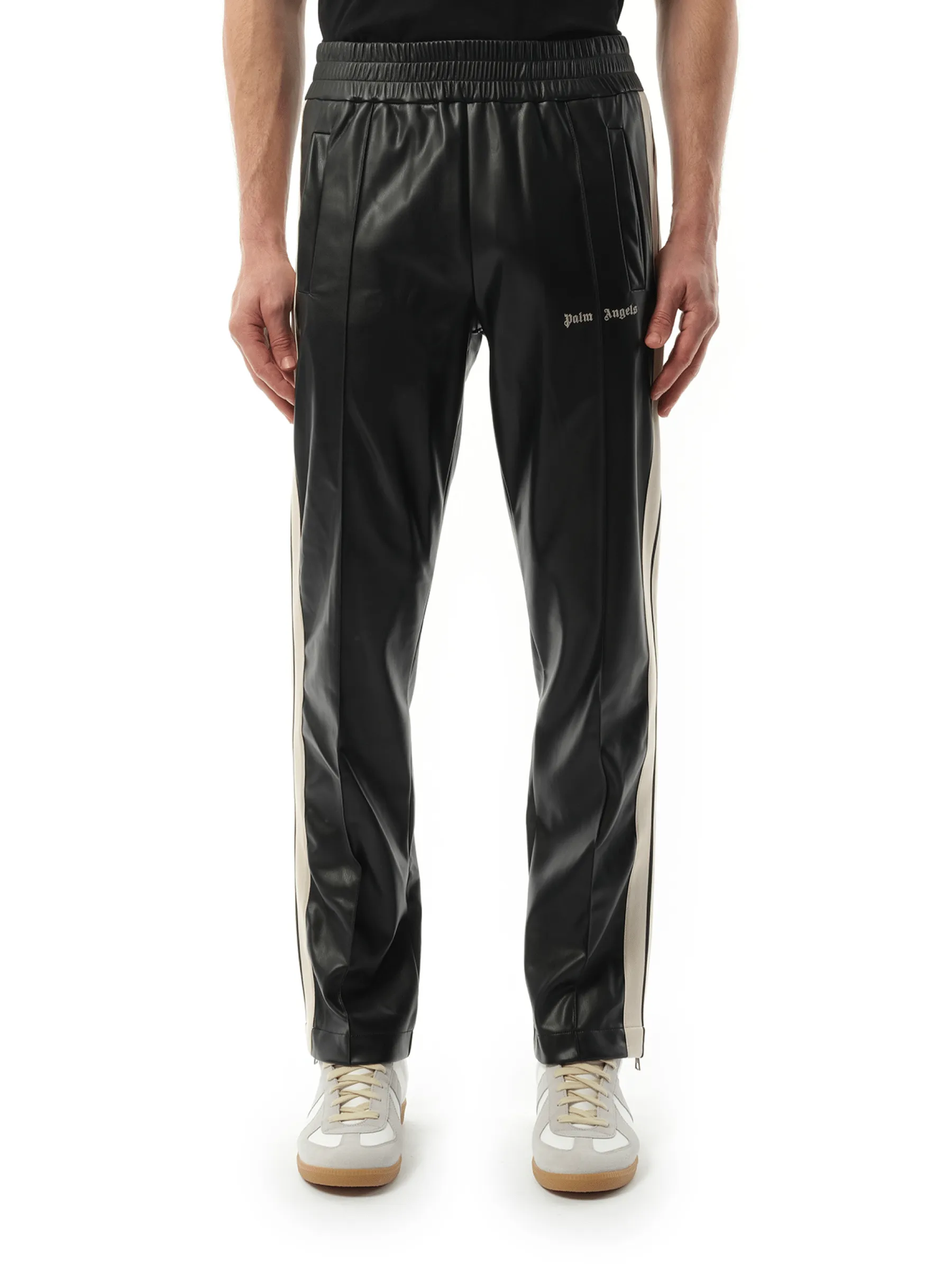 Leather Effect Track Pants in Black/Off White