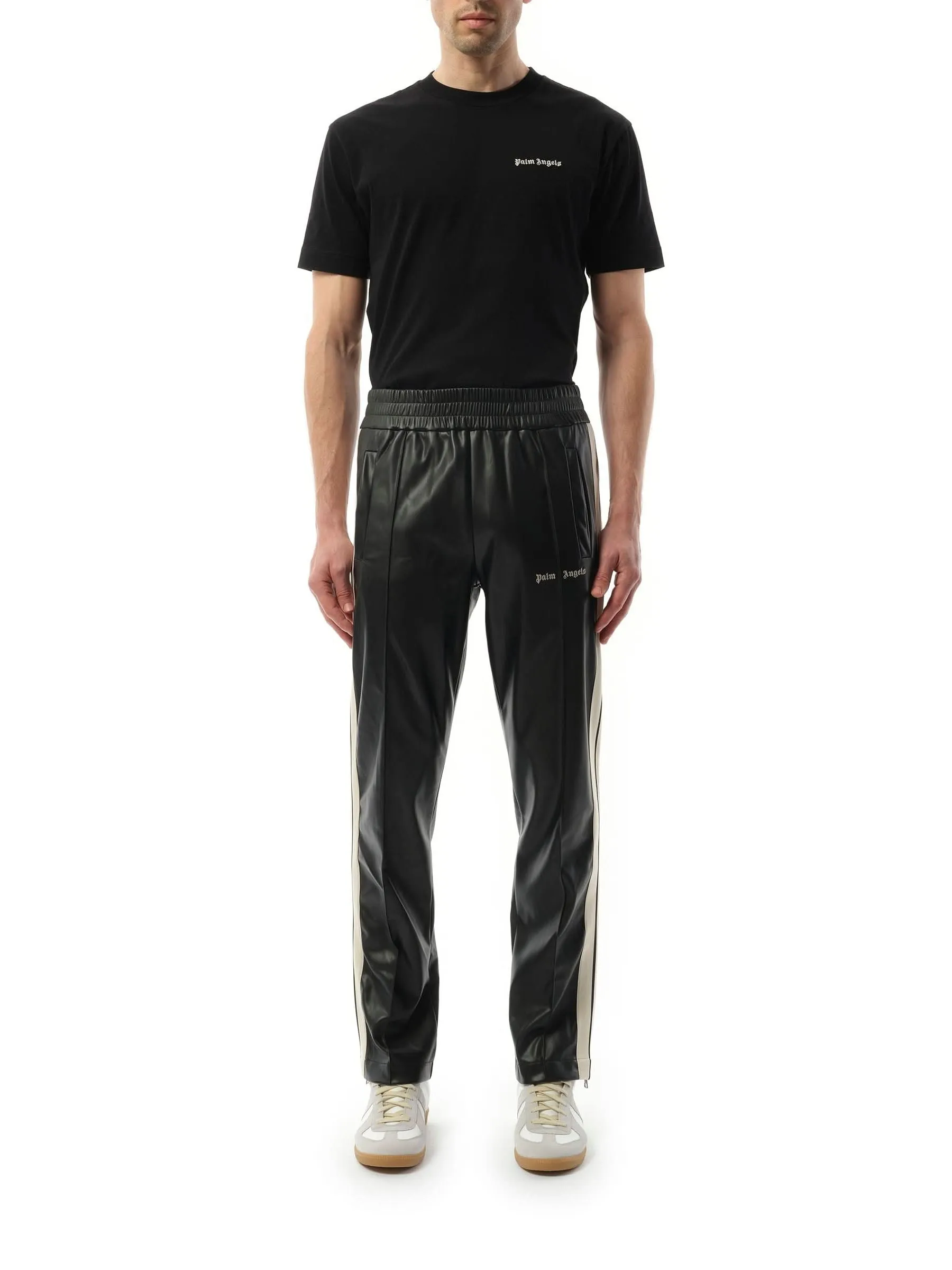 Leather Effect Track Pants in Black/Off White