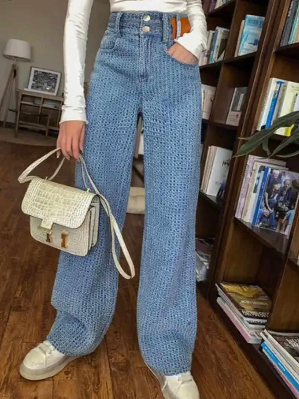 Light blue waffle texture  jeans pants