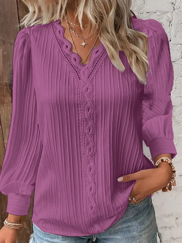 Long Sleeves Loose Hollow Solid Color V-Neck T-Shirts