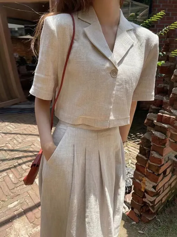 Loose Linen Short Shirt & A-line Skirt 2 Pieces Suit