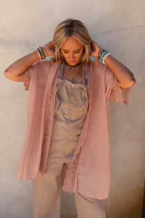 Marie Lace Trim Kimono - Pink