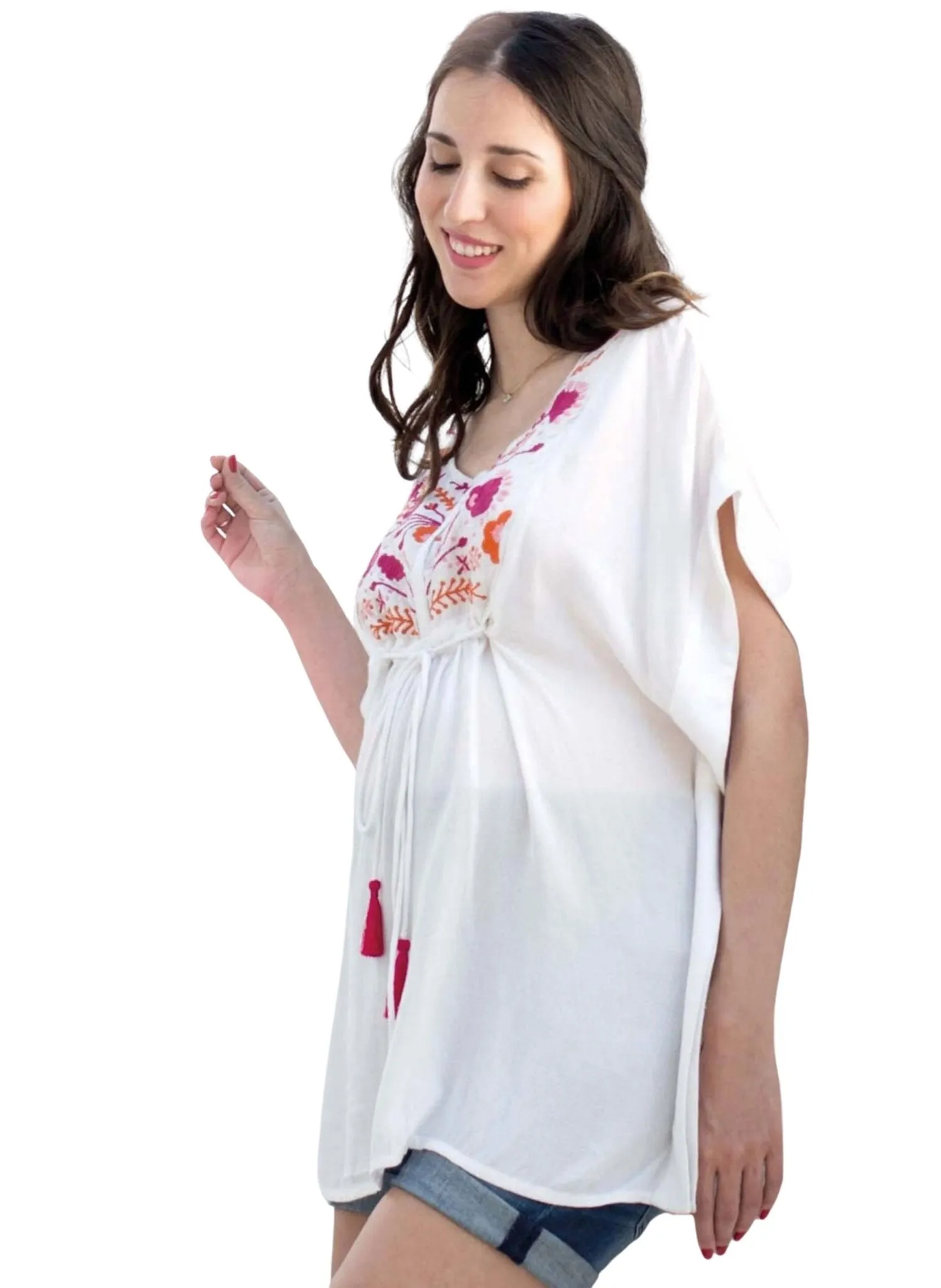 Maternity & Nursing Embroidered Caftan Blouse - White/Pink