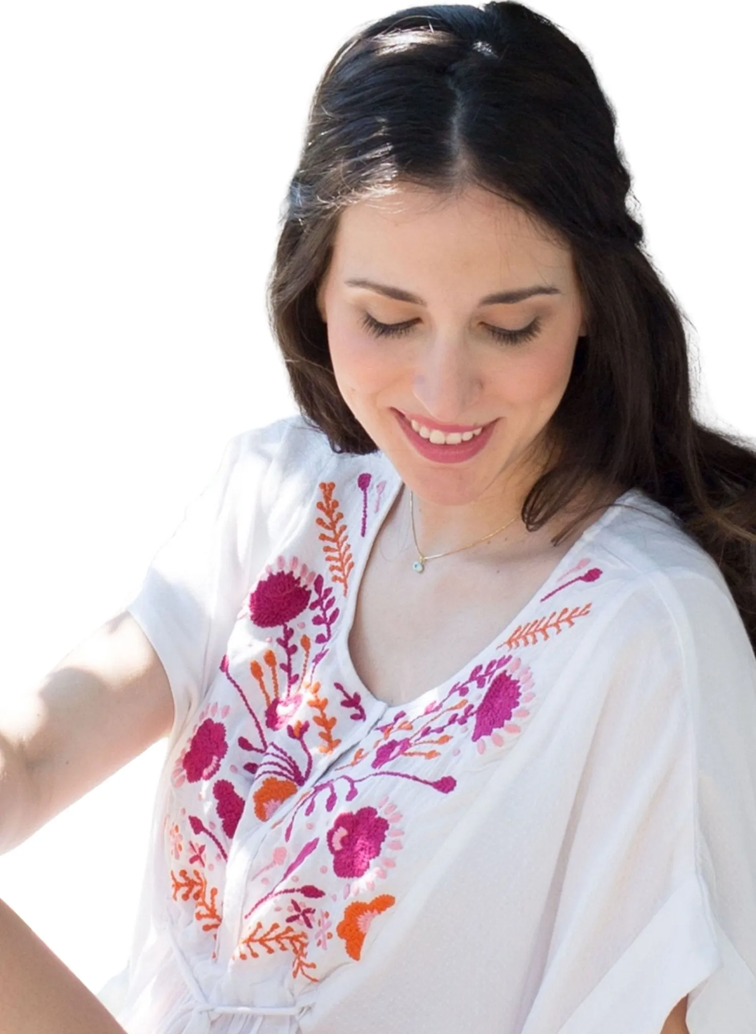 Maternity & Nursing Embroidered Caftan Blouse - White/Pink