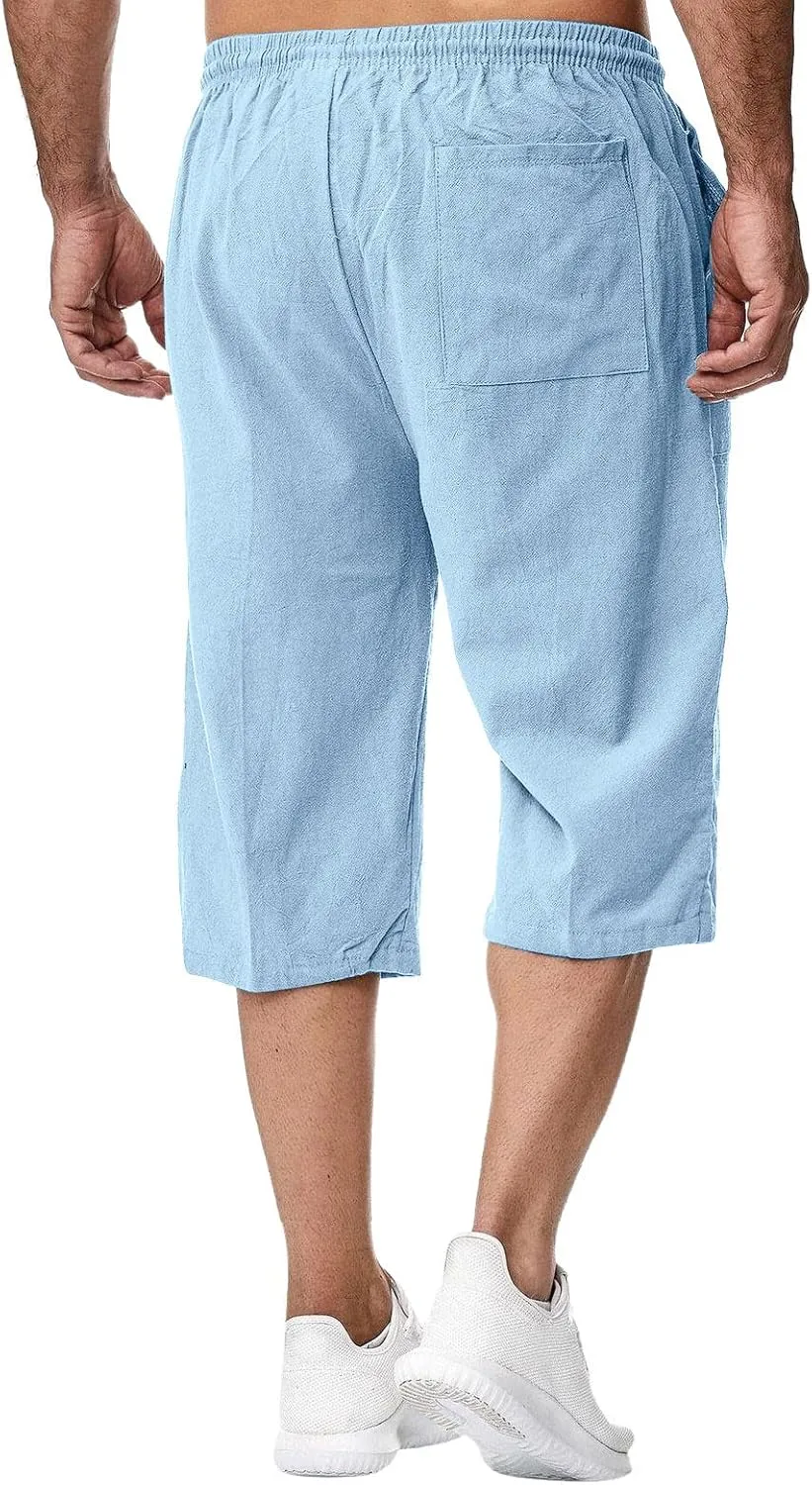 Men's Beach Long Shorts Below Knee Pocketed Joggers Loose Fit 3/4 Summer Cropped Trousers Drawstring Elastic Waist Capri Pant