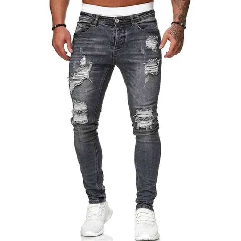 Men's Fashion Black Ripped Skinny Jeans – Harajuku Streetwear Slim Fit Cotton Denim with Elastic Waist, Casual Ripped Pants