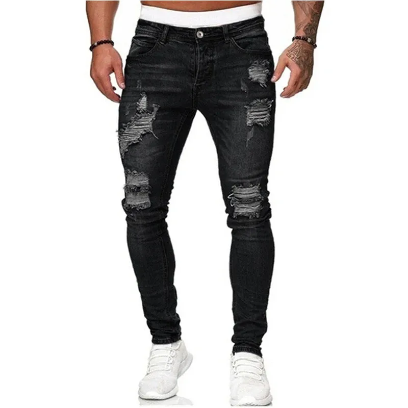 Men's Fashion Black Ripped Skinny Jeans – Harajuku Streetwear Slim Fit Cotton Denim with Elastic Waist, Casual Ripped Pants