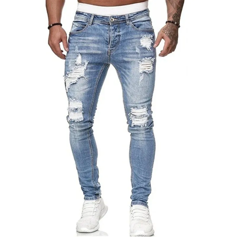 Men's Fashion Black Ripped Skinny Jeans – Harajuku Streetwear Slim Fit Cotton Denim with Elastic Waist, Casual Ripped Pants