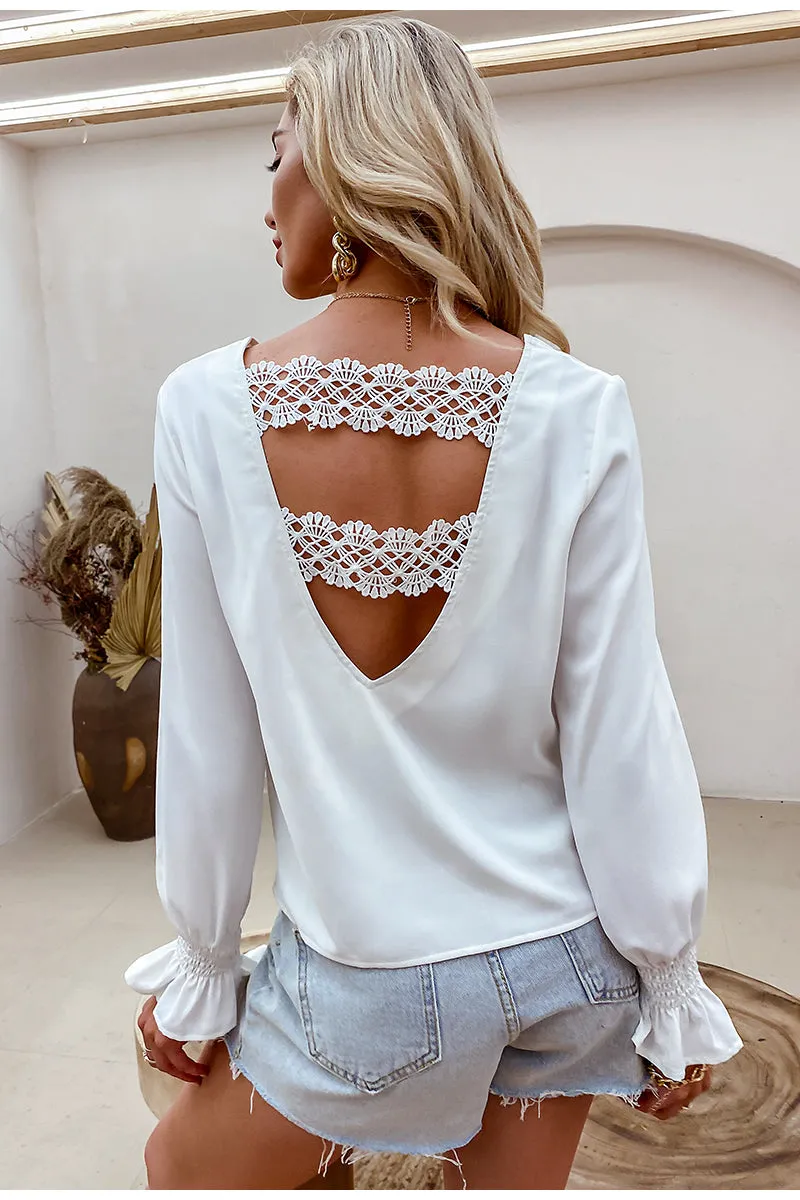 Miranda V-neck Hollow-Out Casual Long Sleeve Chiffon Blouse