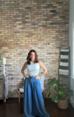 NIA WIDE LEG CHAMBRAY PANTS