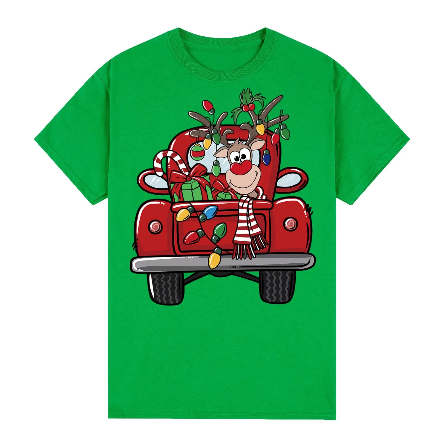 NNEDSZ 100% Cotton Christmas T-shirt Adult Unisex Tee Tops Funny Santa Party Custume, Car with Reindeer (Green), M