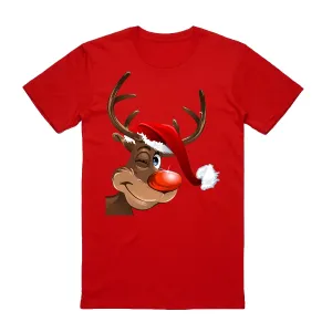 NNEDSZ 100% Cotton Christmas T-shirt Adult Unisex Tee Tops Funny Santa Party Custume, Reindeer Wink (Red), L