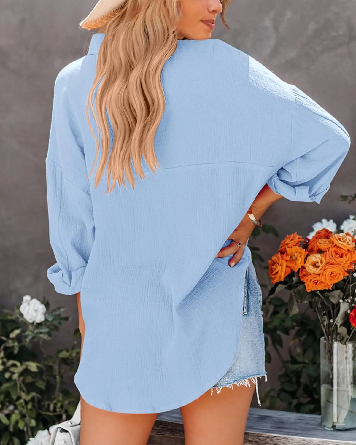 NOLLSOM Casual Shirts for Women Long Sleeve Button Down Blouses Fall 2024 Solid Color Trendy Tops with Pocket