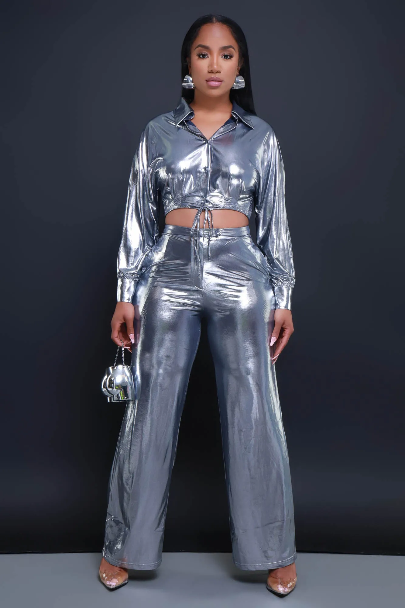 On The Radar Cropped Metallic Pants Set - Silver