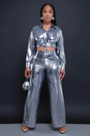 On The Radar Cropped Metallic Pants Set - Silver