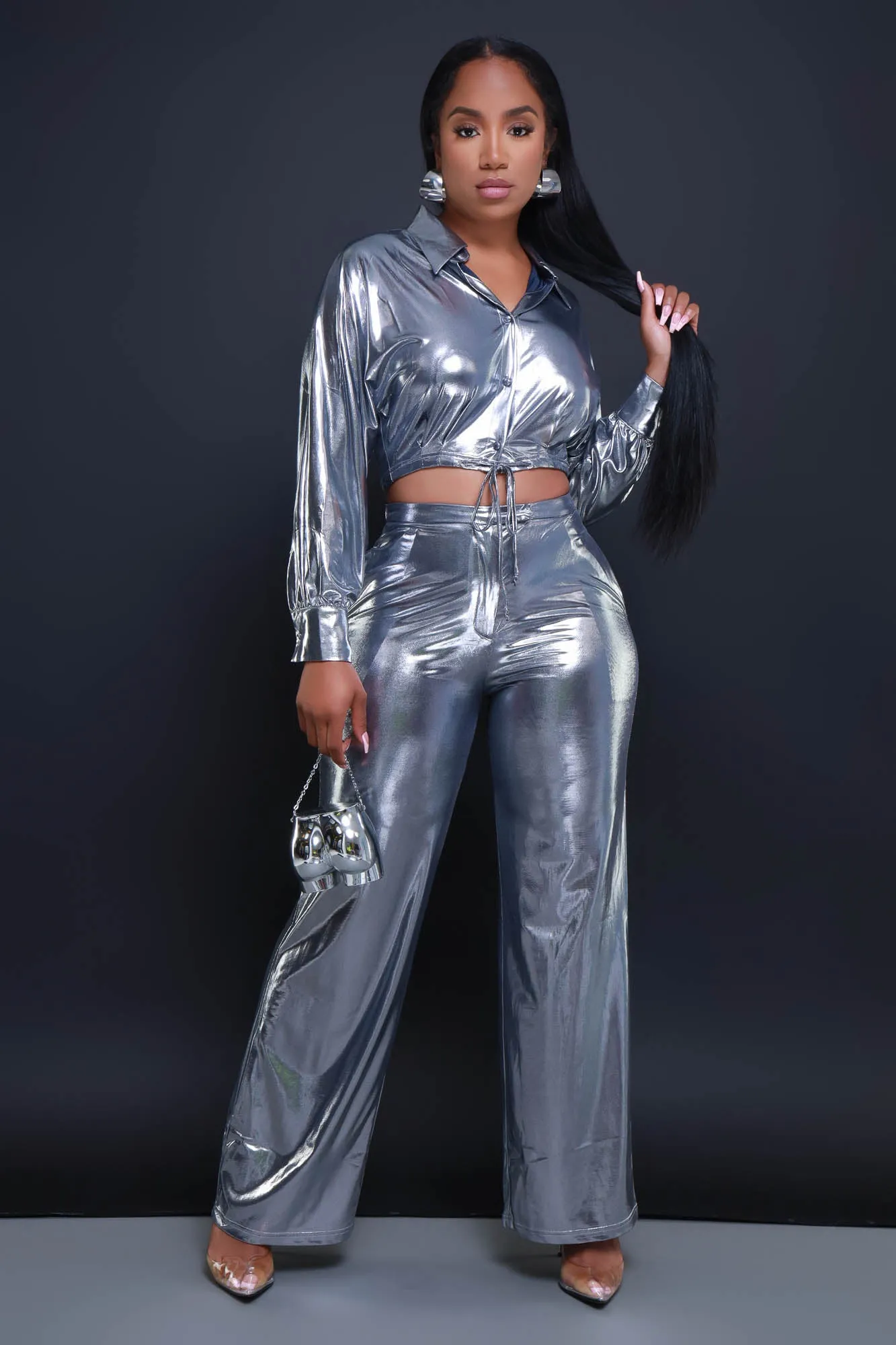 On The Radar Cropped Metallic Pants Set - Silver