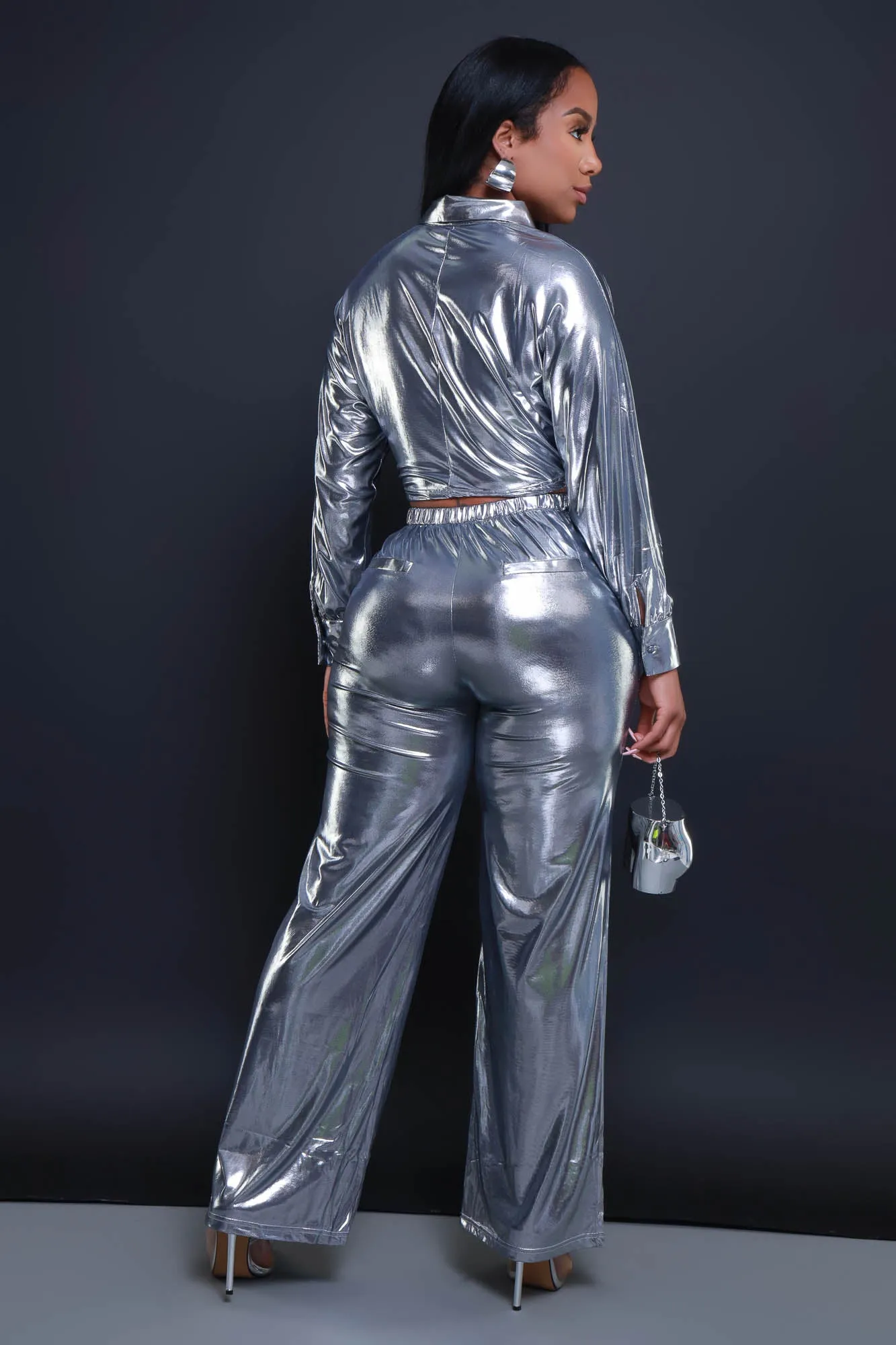 On The Radar Cropped Metallic Pants Set - Silver