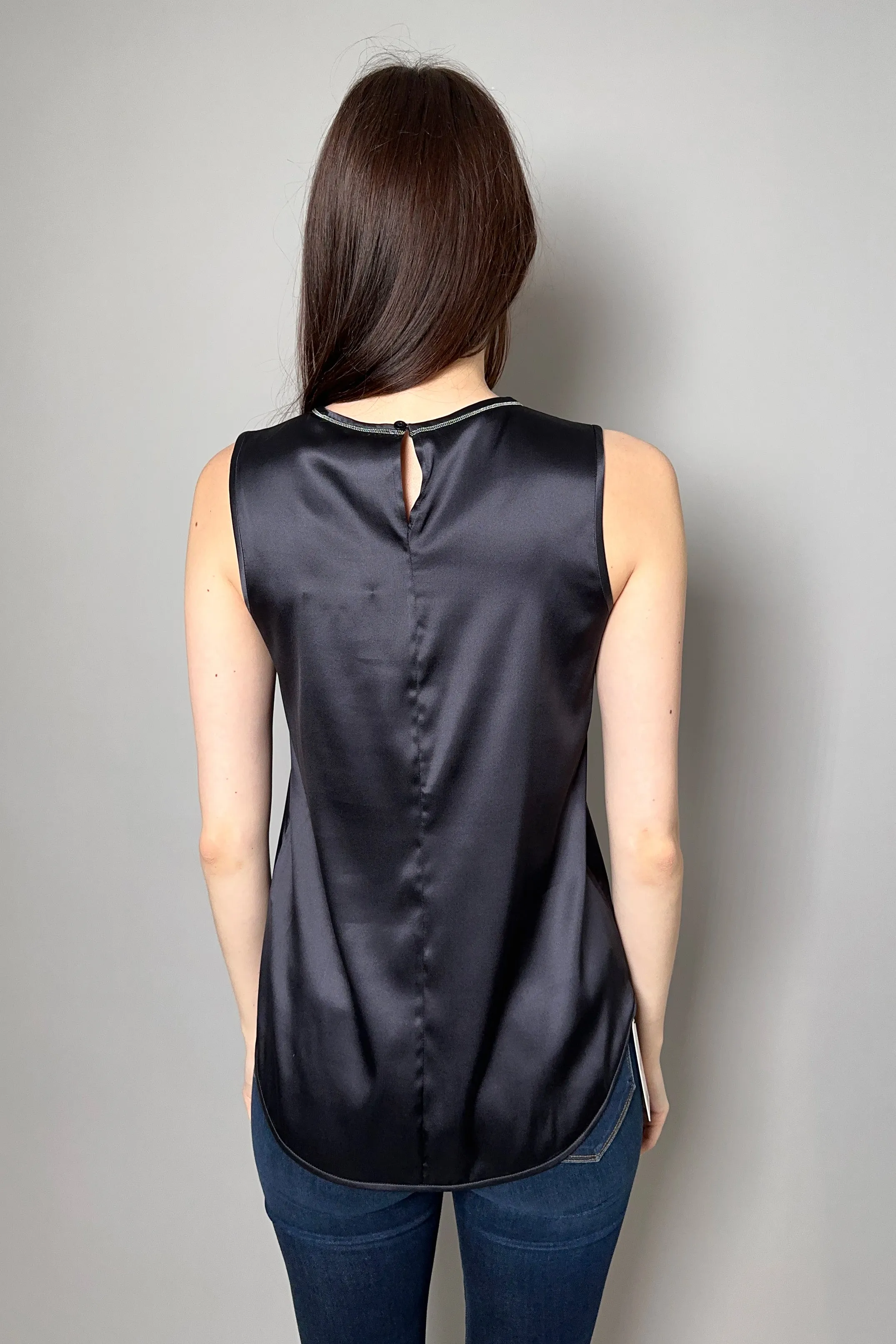 Peserico Silk Tank Top with Brilliant Beading in Navy