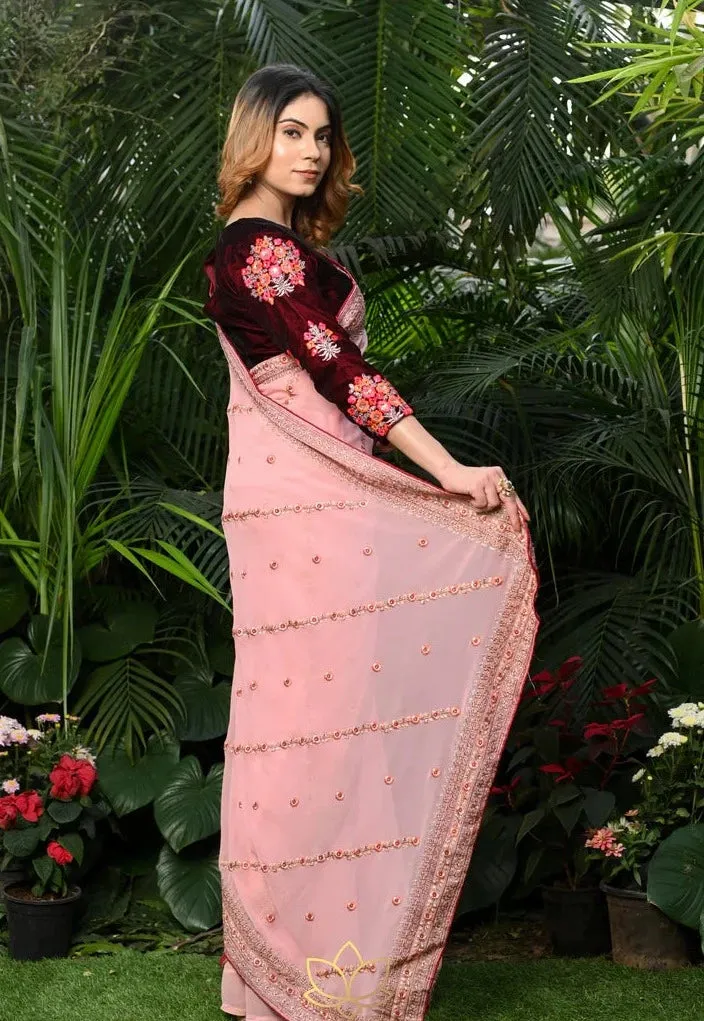 Pink Embroidered Saree Made of Semi Georgette