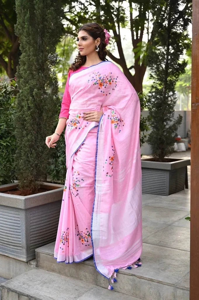 Pink Handwoven Cotton Slab Embroidered Saree