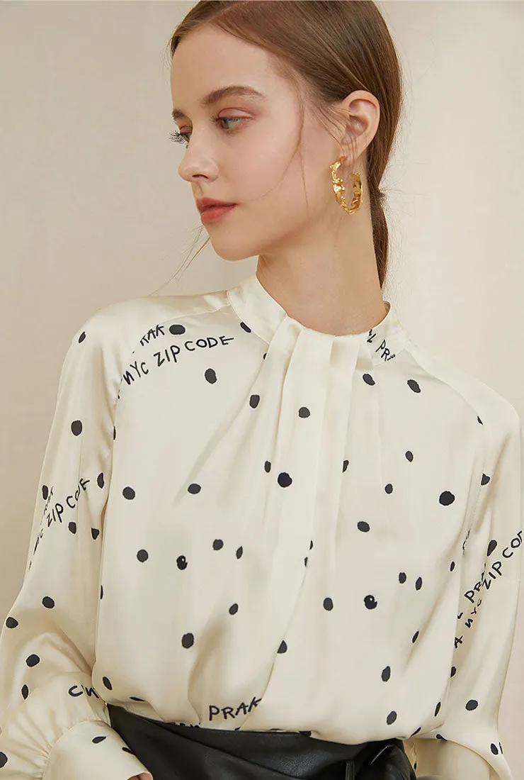 Polka Dot Stand Collar Satin Chiffon Shirt