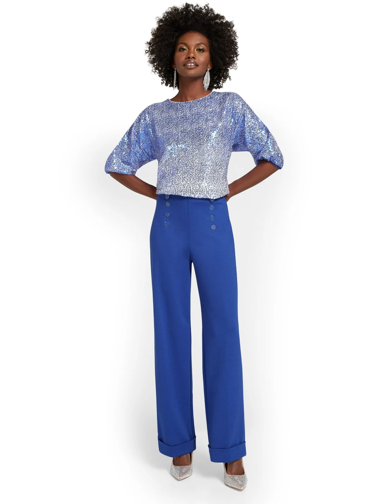 Pull-On Button-Front Wide-Leg Ponte Pant - Superflex