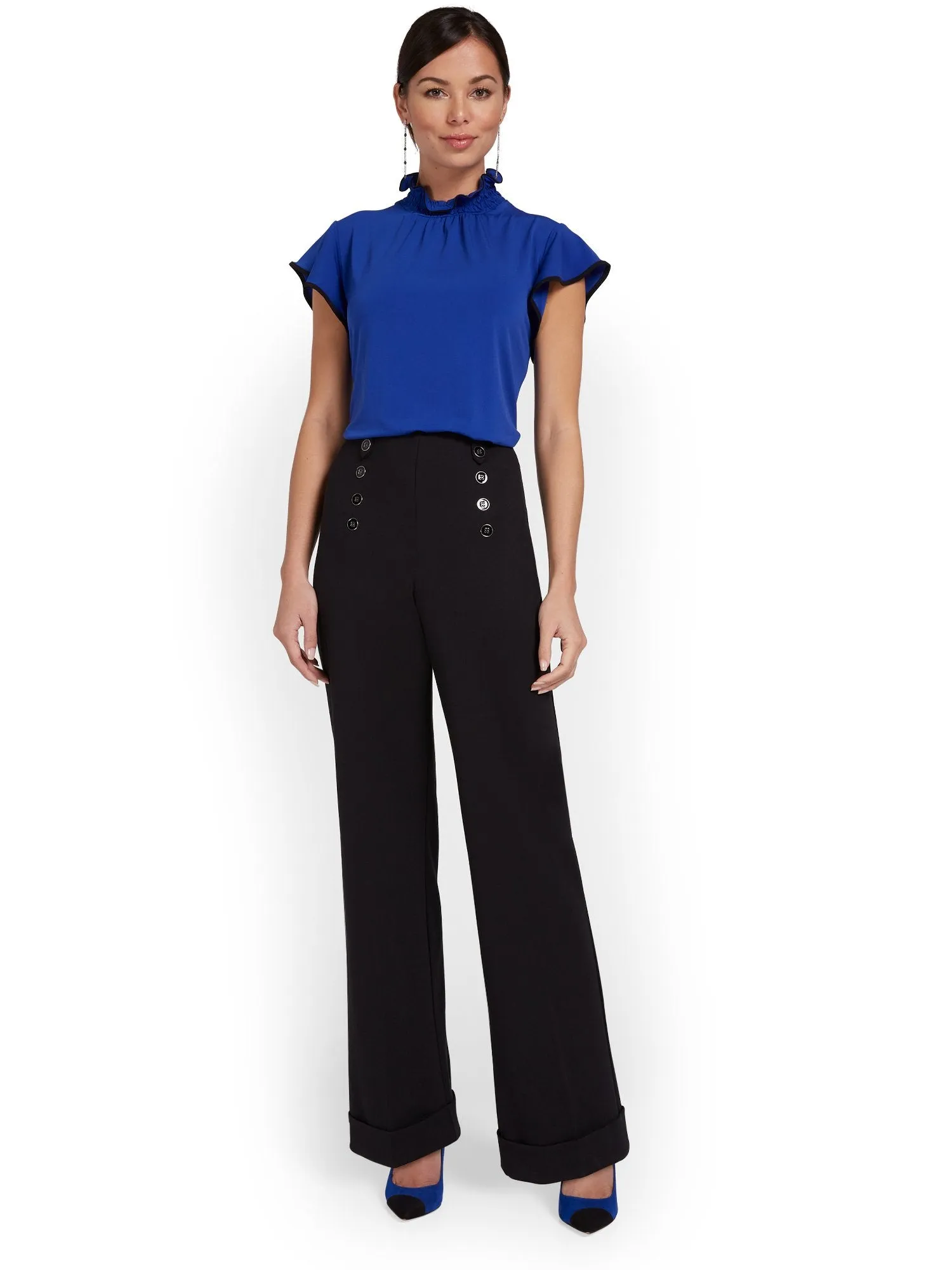 Pull-On Button-Front Wide-Leg Ponte Pant - Superflex