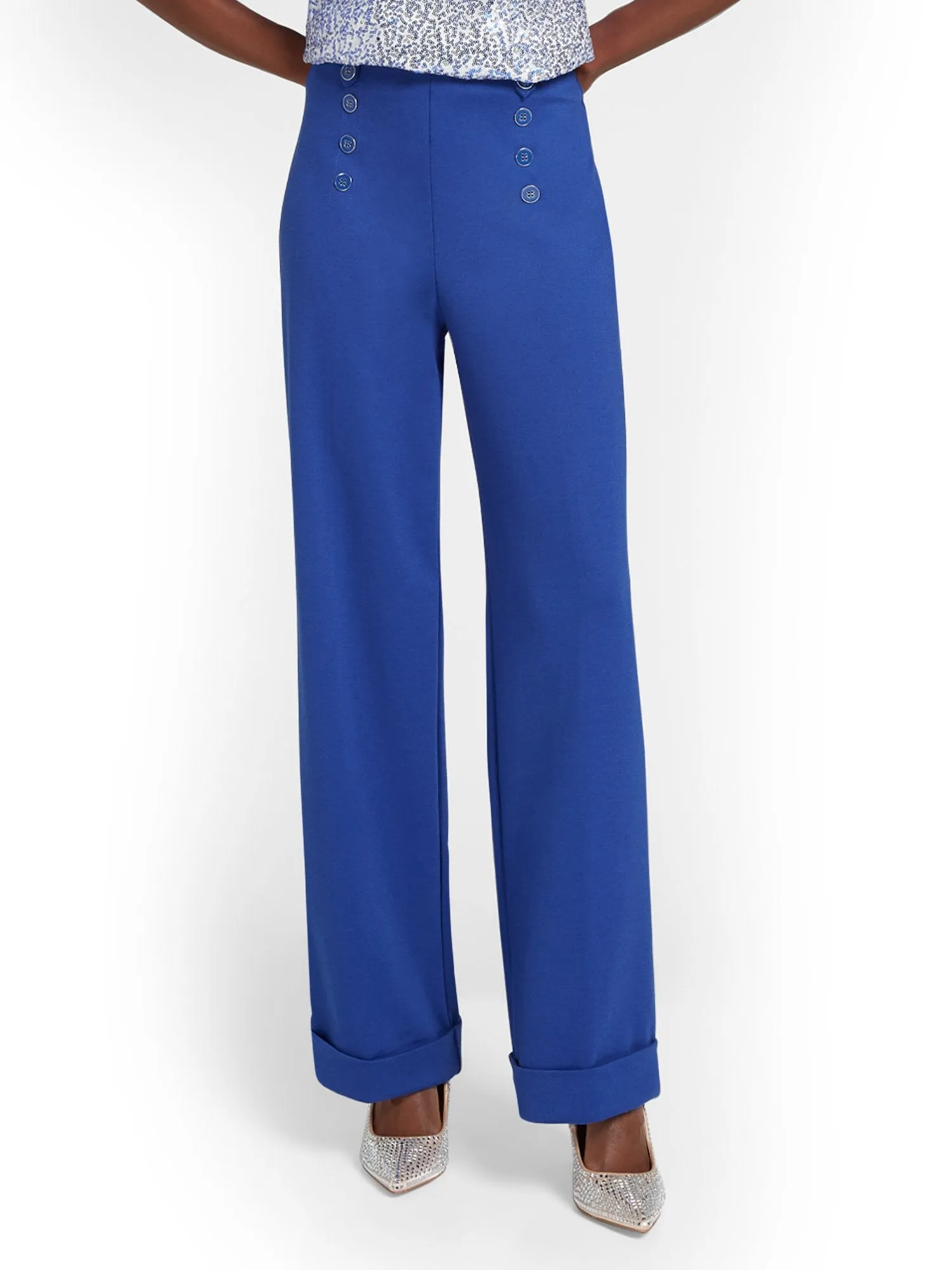 Pull-On Button-Front Wide-Leg Ponte Pant - Superflex