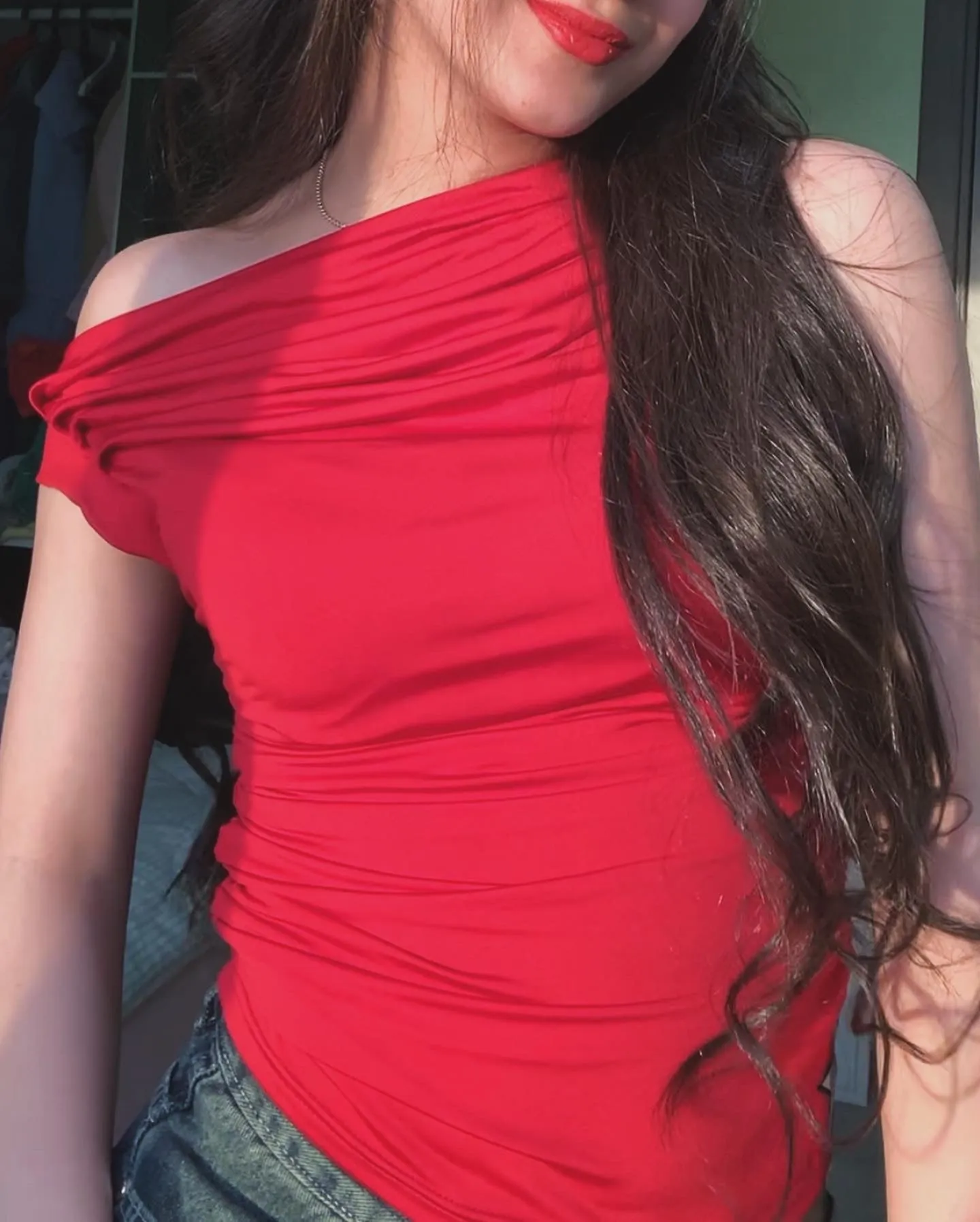 Red Shades One Shoulder Drappe Top
