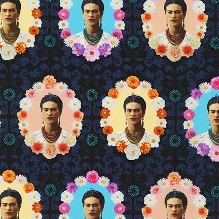 Robert Kaufman Licensed Frida Kahlo Flower Frames Midnight (Per Metre)