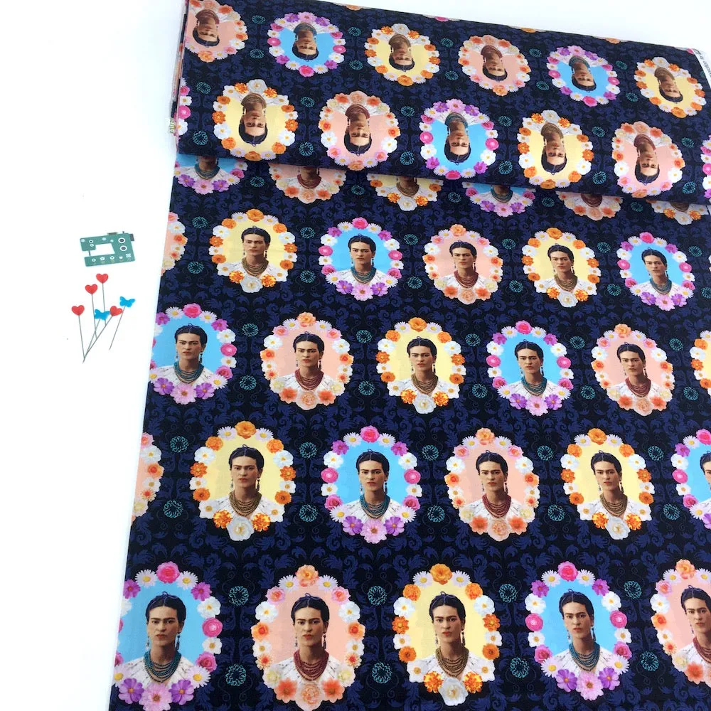 Robert Kaufman Licensed Frida Kahlo Flower Frames Midnight (Per Metre)